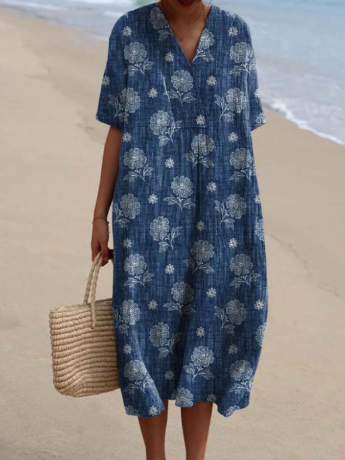 Women's Vintage Ethnic Floral Art Print Flowy Dress