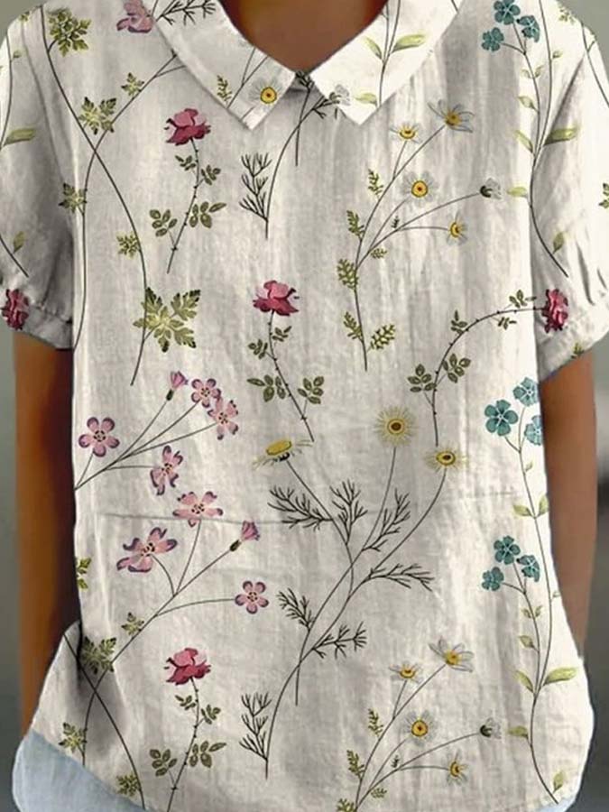 Women's Retro Floral Art Print Casual Cotton And Linen Shirt