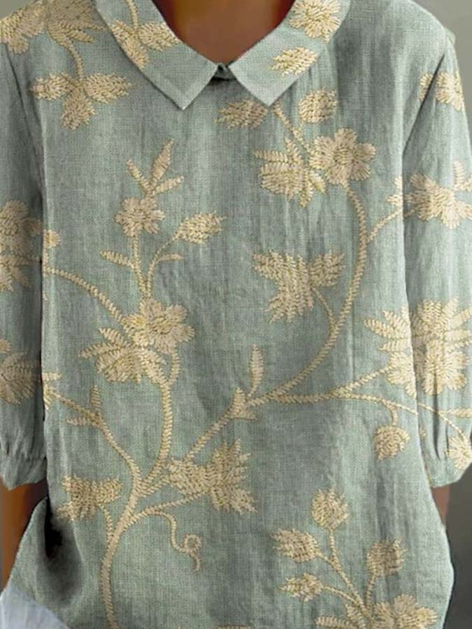 Women's Vintage Floral Art Print Casual Cotton And Linen 3/4 Sleeve Shirt