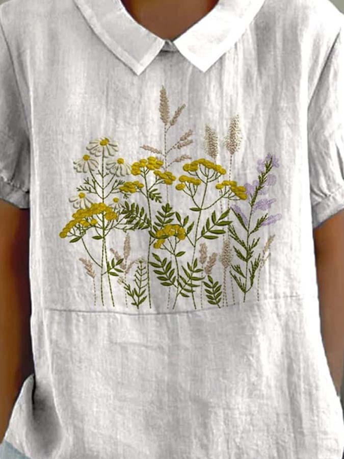 Women's Vintage Floral Art Print Casual Cotton And Linen Shirt