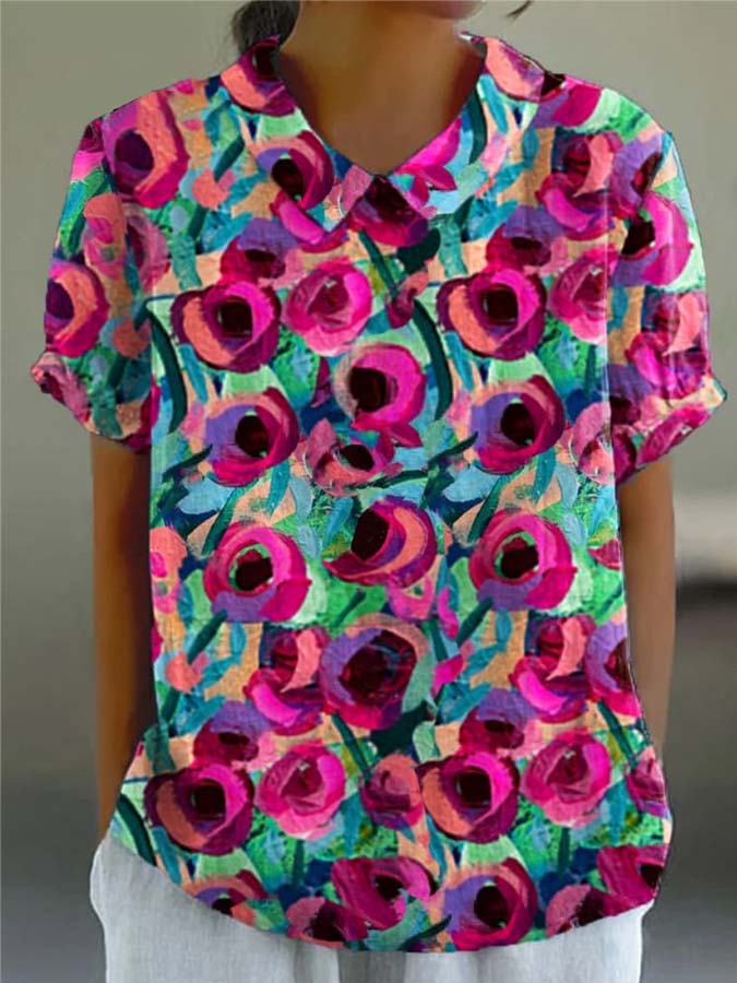 Women's Floral Art Print Casual Cotton And Linen Shirt