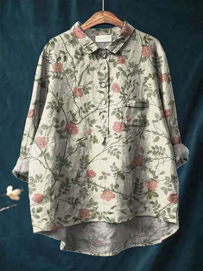 Vintage Style Pink Floral Repeat Pattern Printed Women's Casual Cotton And Linen Shirt