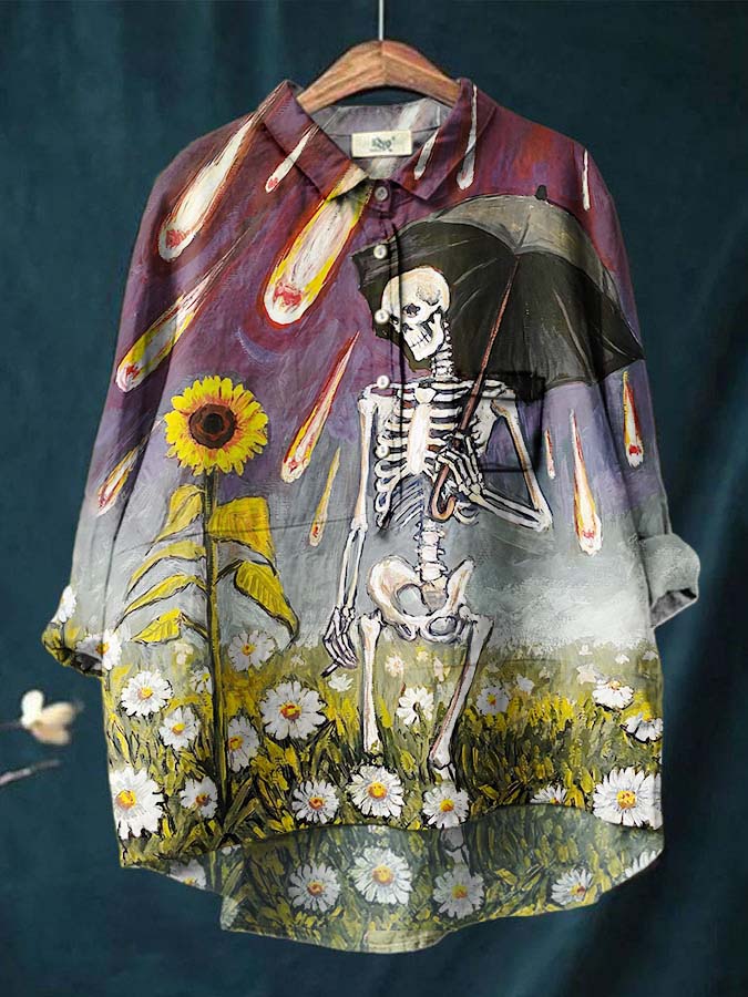 Women's Skull Sunflower Flower Art Print Casual Linen Shirt