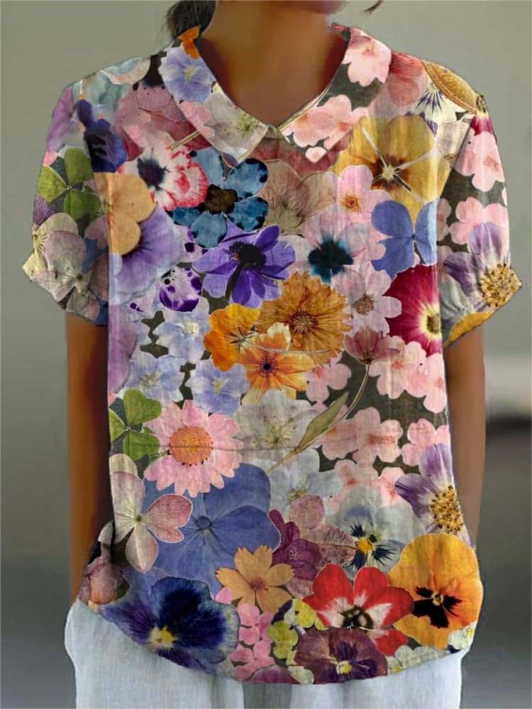 Women's Vintage Floral Art Print Casual Cotton And Linen Shirt