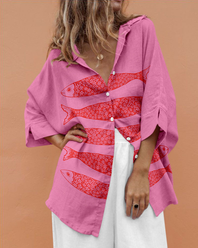 Retro vacation pink fish print shirt