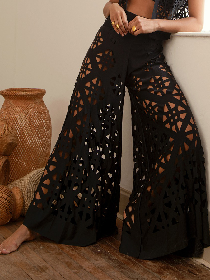 Tie Shoulder Solid Bikini Set and Pants Swimwear