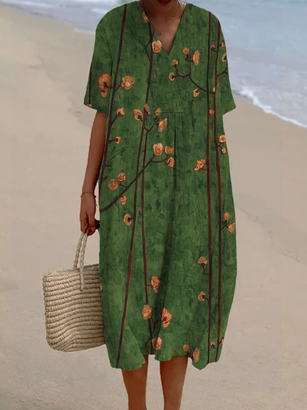 Women's Flower Print Casual Cotton And Linen Dress