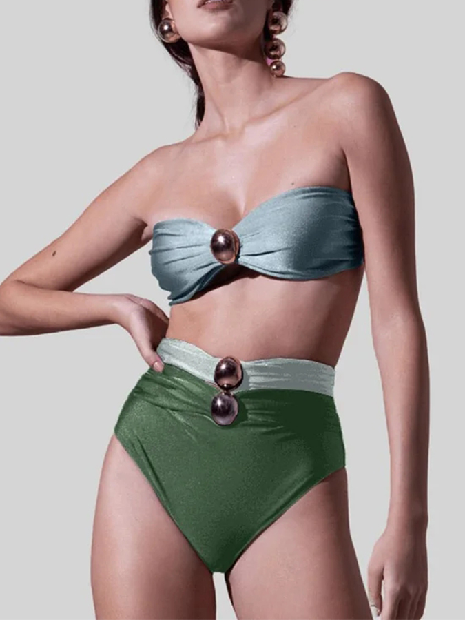 Sling Color Block Cutout High Waist Bikini Swimsuit And Skirt