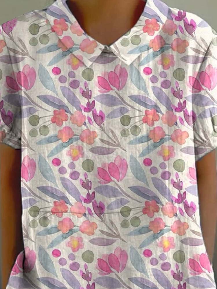 Watercolor Spring Garden Floral Repeat Pattern Printed Women's Casual Cotton And Linen Shirt