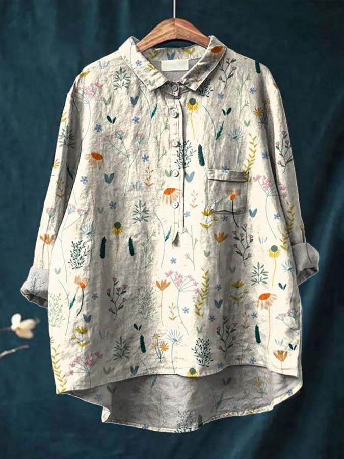 Women's Vintage Floral Art Print Casual Cotton And Linen Shirt