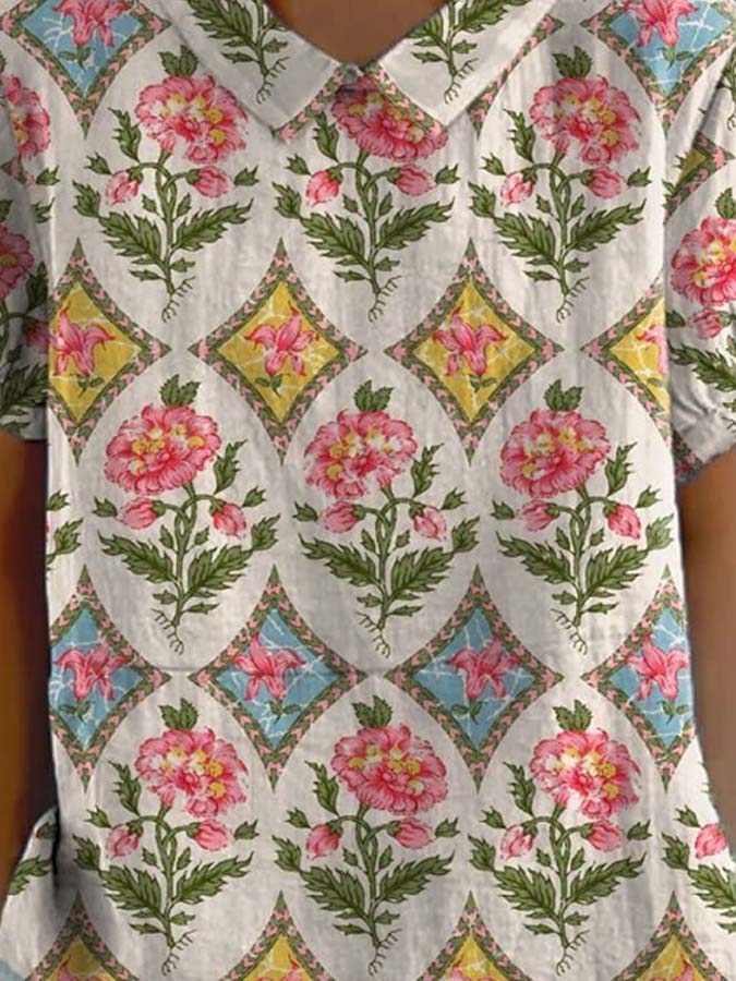 Women's Vintage Floral Art Print Casual Cotton And Linen Shirt