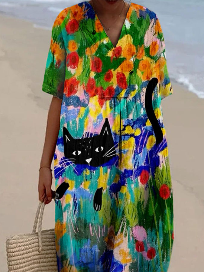 Women's Oil Painting Flower Cat Print Casual Cotton And Linen Dress