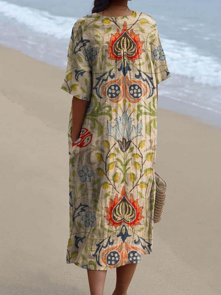 Women's Vintage Ethnic Floral Art Print Flowy Dress