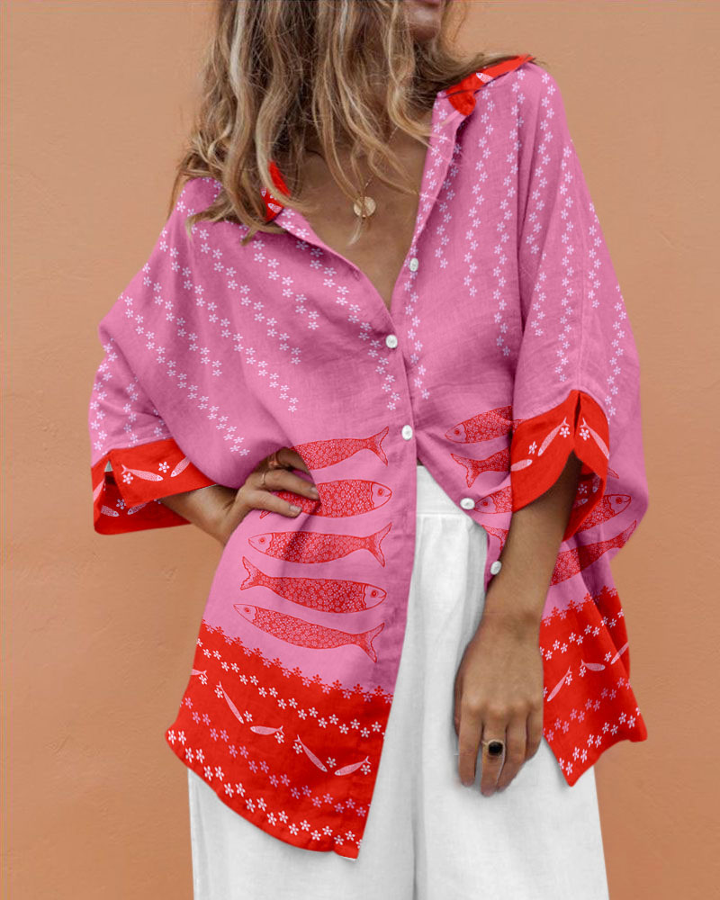 Retro vacation pink fish print shirt