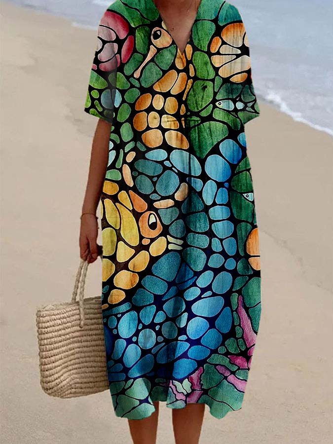 Women's Abstract Colorblock Sea Life Print Casual Cotton And Linen Dress