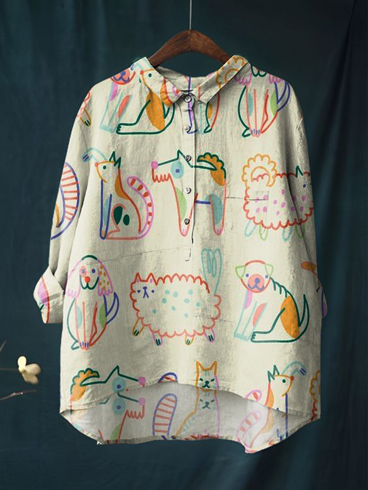Women's Color Simple Animals Print Casual Cotton And Linen Shirt
