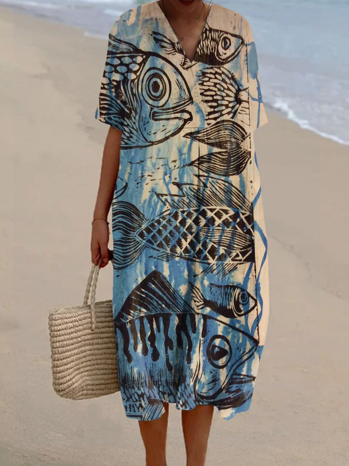 Women's Fish Art Print Casual Cotton And Linen Dress