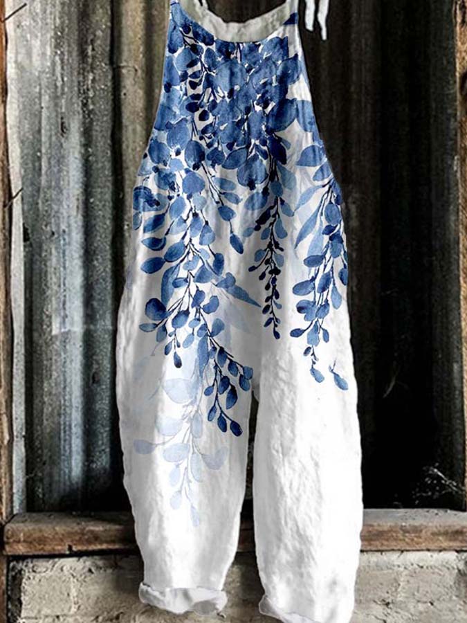Women's Vintage Floral Print Casual Cotton and Linen Jumpsuit