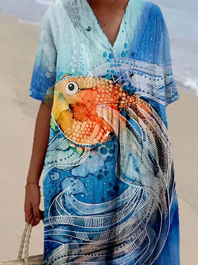 Women's Gradient Ocean Fish Print Casual Cotton And Linen Dress