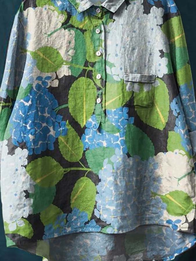 Vintage Floral Art Print Casual Cotton And Linen Shirt