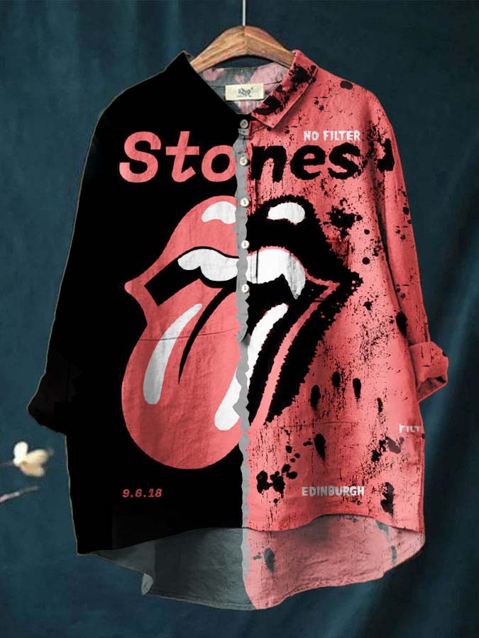 Women's Rolling Stones Colorblock Print Casual Cotton And Linen Shirt