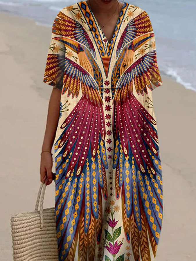 Women's Vintage Bird Print Casual Cotton And Linen Dress