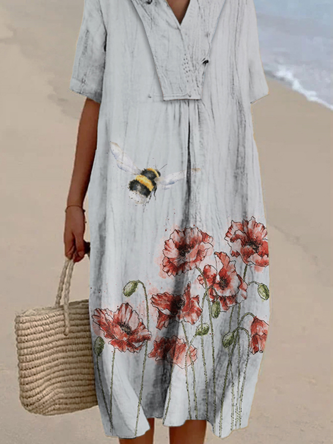 Women's Vintage Flower Bee Print Casual Cotton And Linen Dress