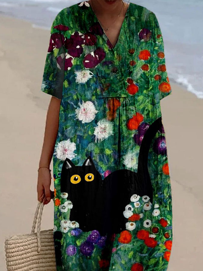 Women's Green Oil Painting Flower Cat Print Casual Cotton And Linen Dress