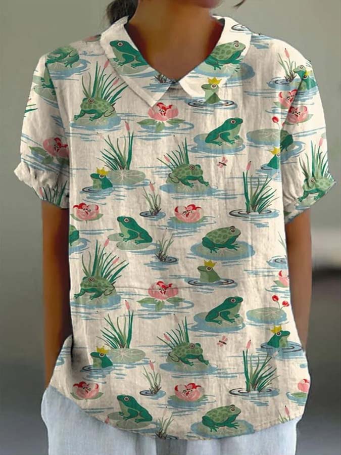 Women's Lovely Floral Frogs Art Print Casual Cotton And Linen Shirt