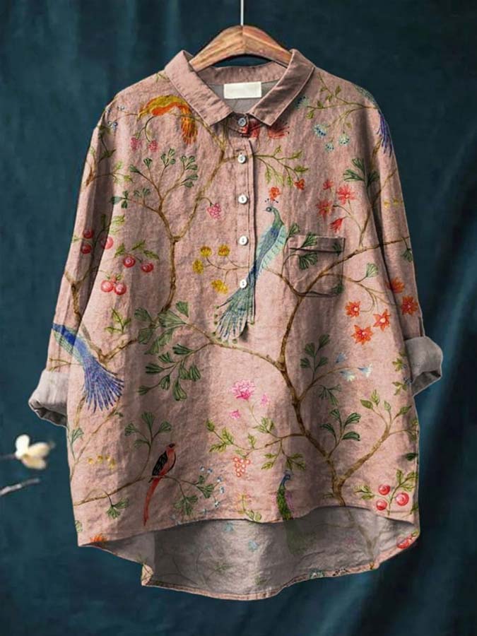 Women's Vintage Ethnic Lovely Birds Floral Art Print Casual Cotton And Linen Shirt