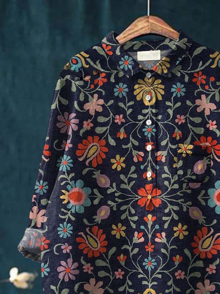 Women's Vintage Flower Art Print Casual Cotton And Linen Shirt