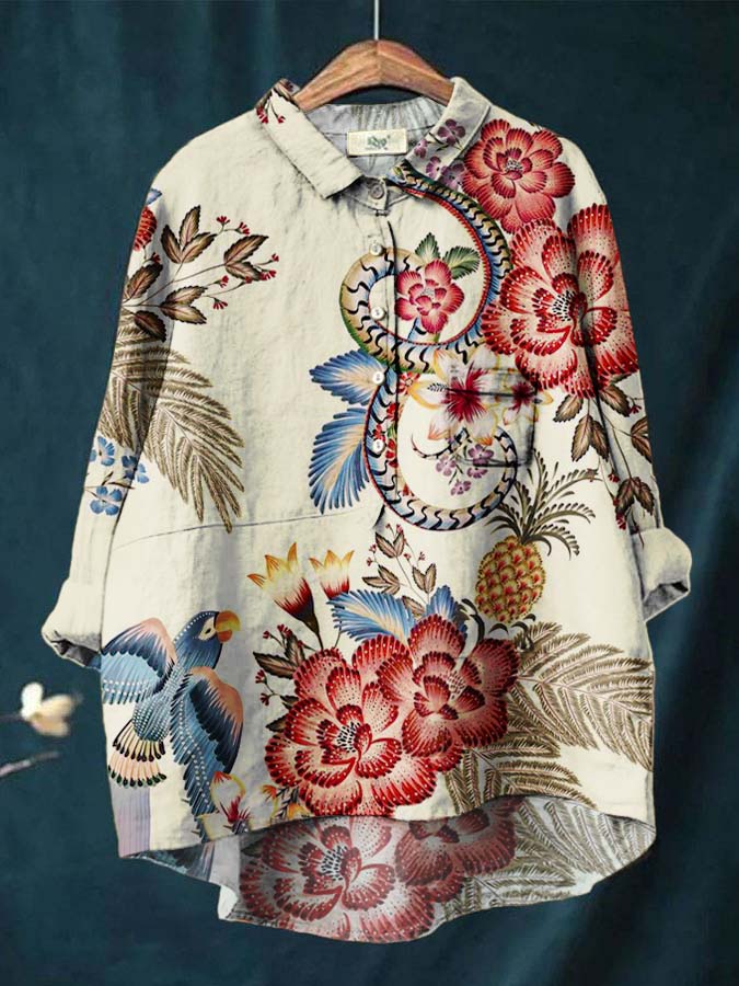 Women's Vintage Flower and Bird Print Casual Cotton And Linen Shirt