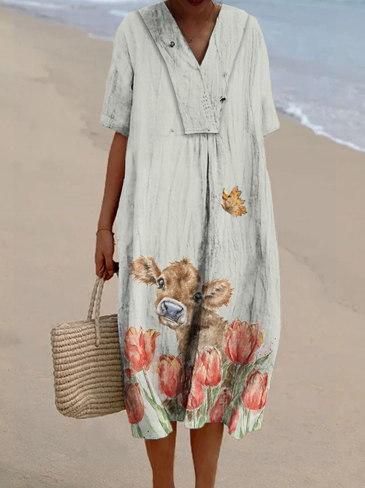 Women's Floral Cow Print Casual Cotton And Linen Dress