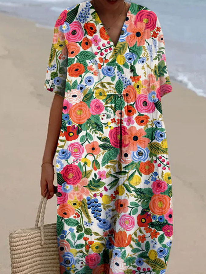 Women's Floral Colorblock Print Casual Cotton And Linen Dress