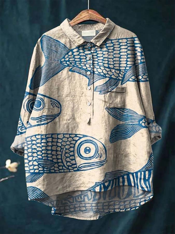 Women's Vintage Fish Sardines Art Print Flowy Shirt