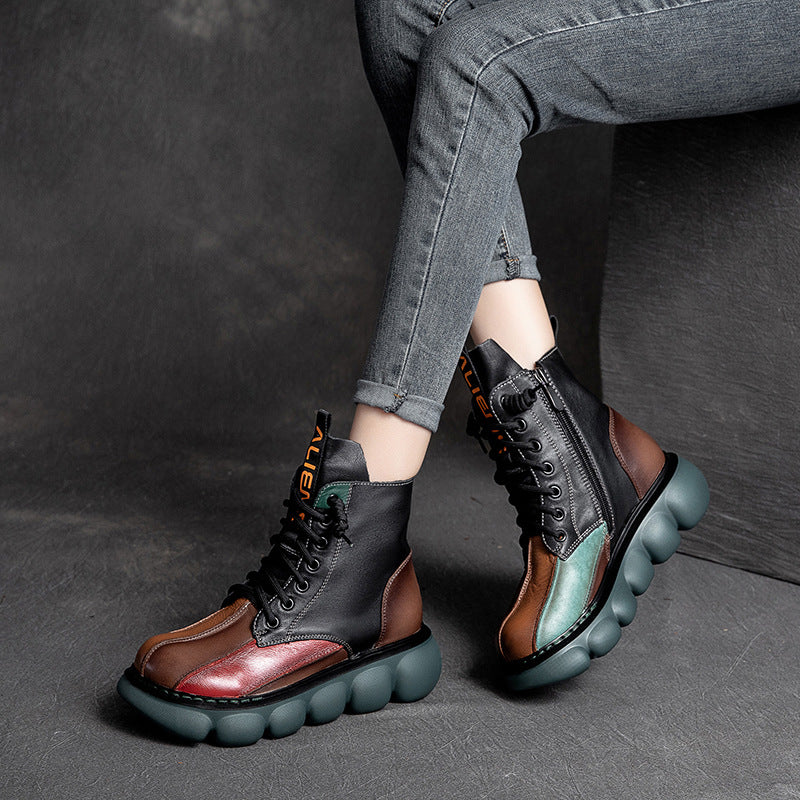 Botas femininas de couro com plataforma colorida