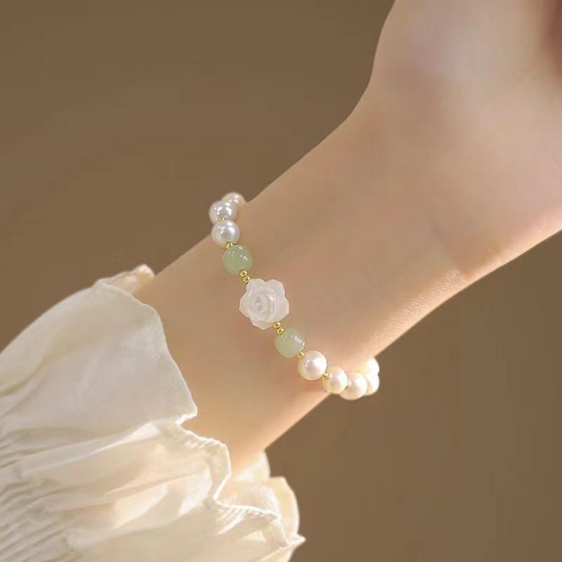girl's fresh water pearl wristband with hetian jade : rose