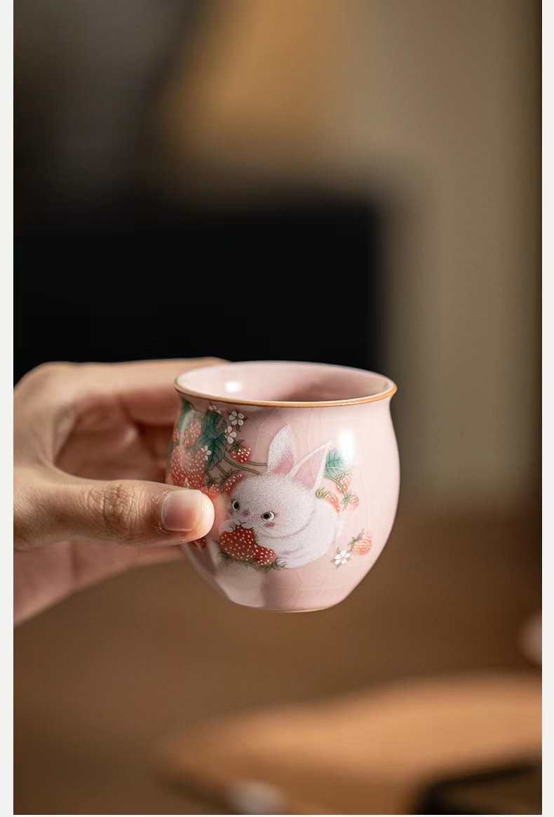 chinese ru ware porcelain tea cup: strawberry rabbit