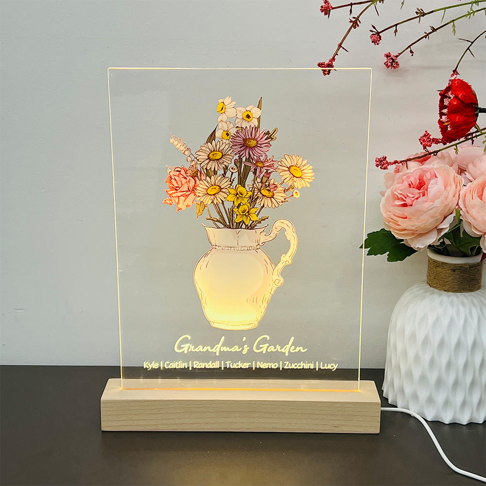 Custom Birth Flower Bouquet Vase LED Light Frame With Name
