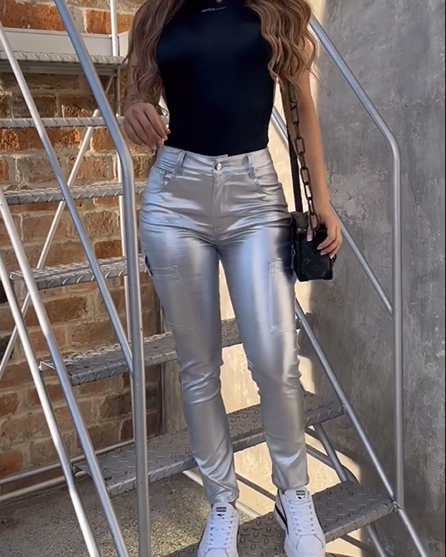 Leggings elásticos de cintura alta metálicos líquidos brillantes (preventa)