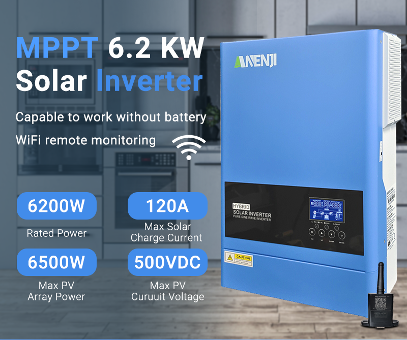 ANENJI 6.2KW 48V Hybrid Solar Inverter 230V Off Grid Photovoltaic Inverter  Pure Sine Wave PV 60-500V 120A MPPT Solar Charge Controller