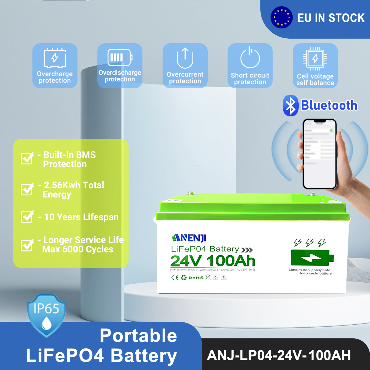 Anenji 24V 100AH LiFePO4 Battery Deep Cycles Lithium Iron Phosphate Battery-ANENJI
