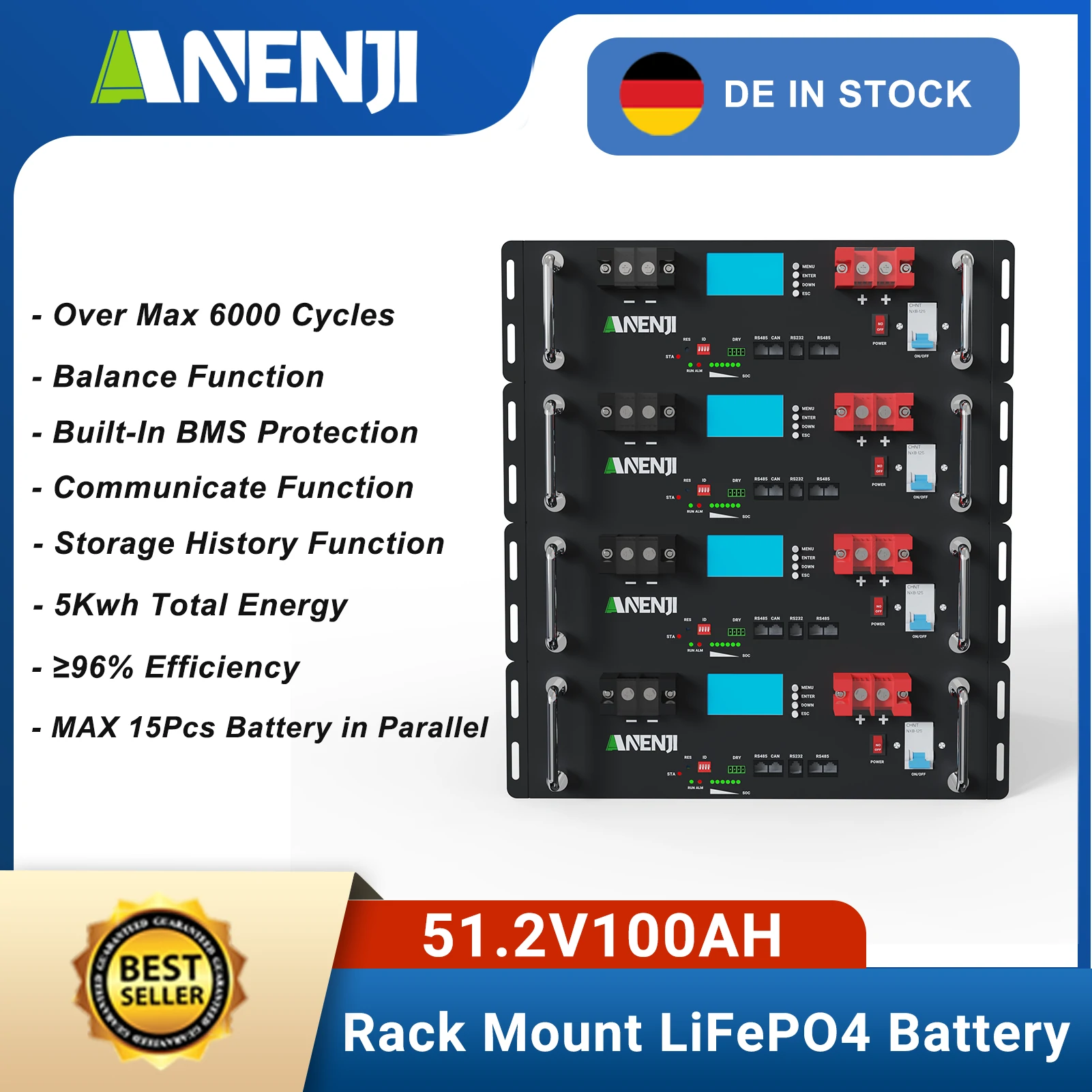 ANENJI 51.2V 100Ah Rack-mounted LiFePO4 Battery 6000+ Cycles Built in BMS 5KWH Support Parallel for Solar System