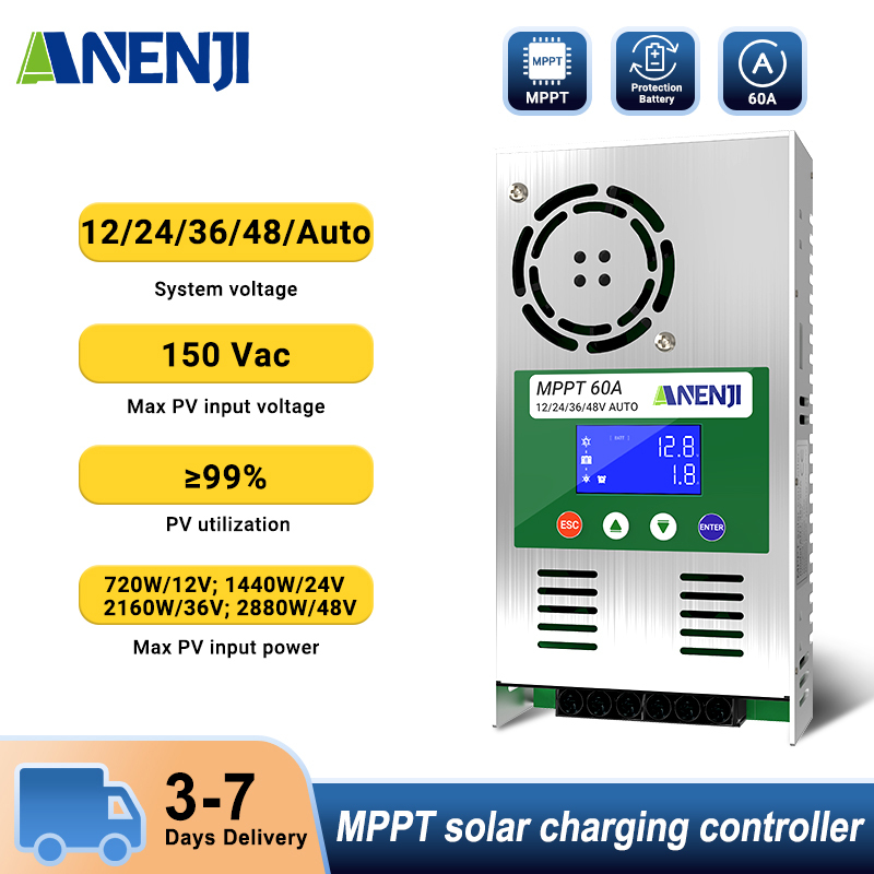 ANENJI, MPPT charge controller 60A, supports 12V 24V 24V 36V 48V, auto voltage detection, battery overcharge protection, plug-in, 180 Voc input, LCD display-ANENJI