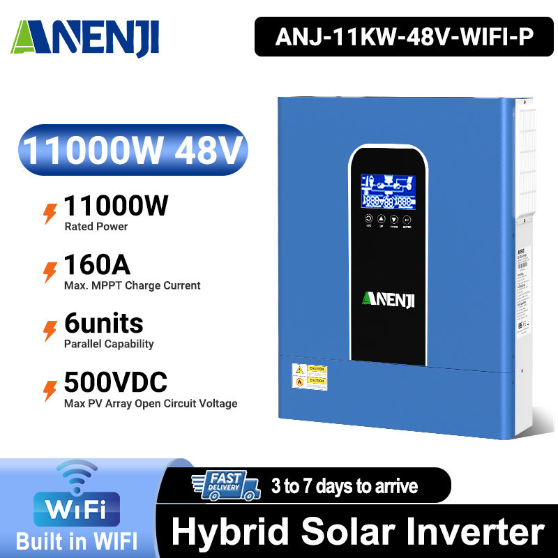 Anenji 11KW 48V Hybrid Solar Inverter Pure Sine Wave Off-Grid+On-Grid 2*MPPT with WIFI Parallel Function for 6 unit Max-ANENJI