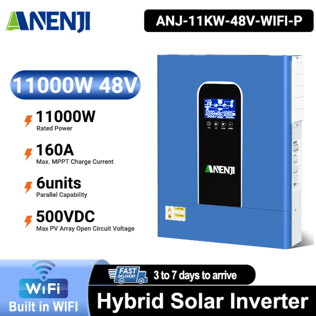 Anenji 11KW 48V Hybrid Solar Inverter Pure Sine Wave Off-Grid+On-Grid 2*MPPT with WIFI Parallel Function for 6 unit Max-ANENJI