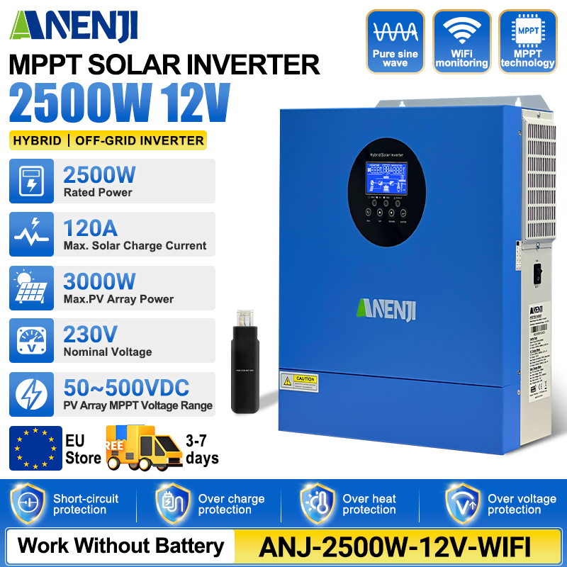Anenji 2KW 12V hybrid Solar Inverter MPPT Pure sine wave Off grid inverter with WIFI