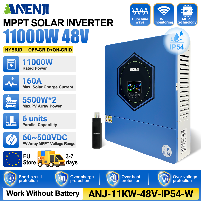 Anenji 11KW 48V Hybrid Solar Inverter Pure Sine Wave 2×MPPT WIFI Up to 6 Units Parallel On‑Off Grid for Home Solar System IP54