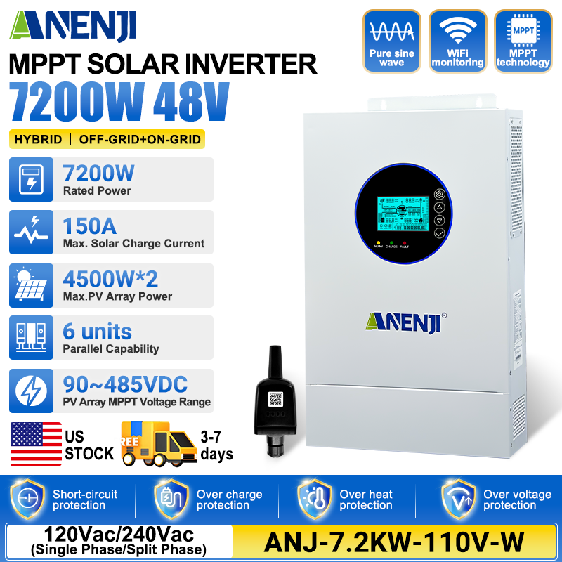 Anenji 7.2KW 48V Hybrid Solar Inverter Split Phase 120V/240V Dual MPPT Charger Parallel 6 units