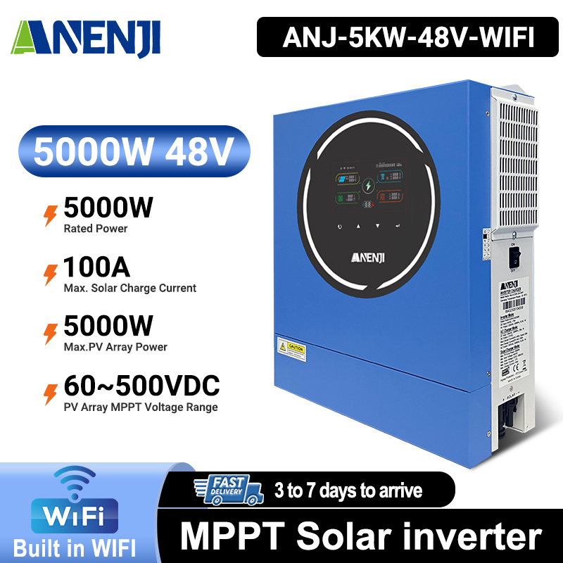 Anenji 5KW 48V Hybrid Solar Inverter On grid Off grid Inverter with WIFI 100A MPPT Dual Outputs